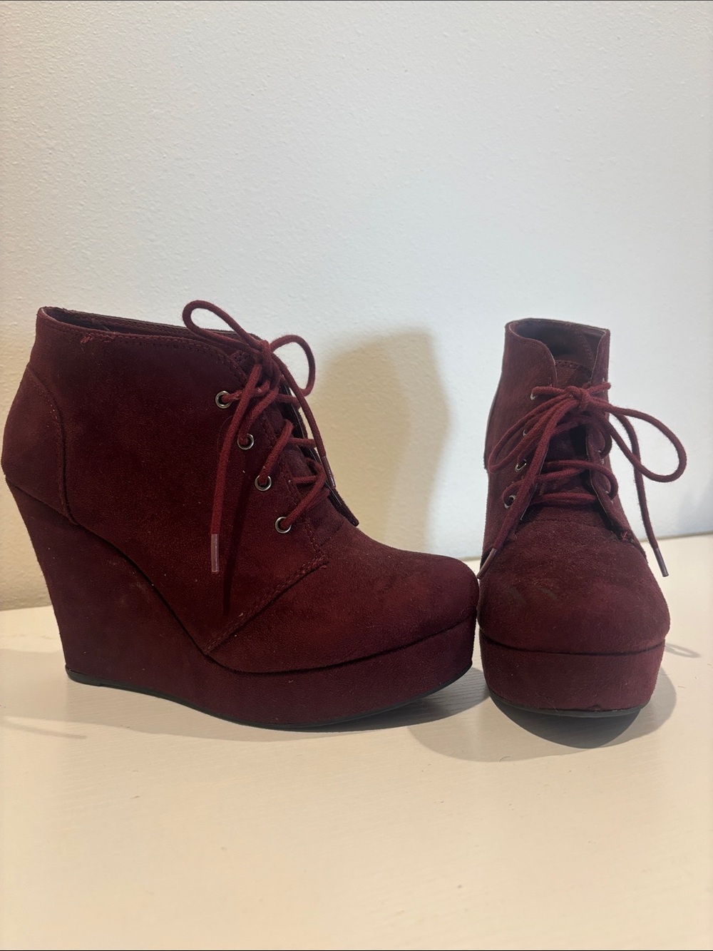Shi by JOURNEYS Burgundy Suede Lace-Up Wedge Booties